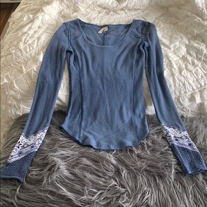 Free People Blue Thermal with printed sleeves